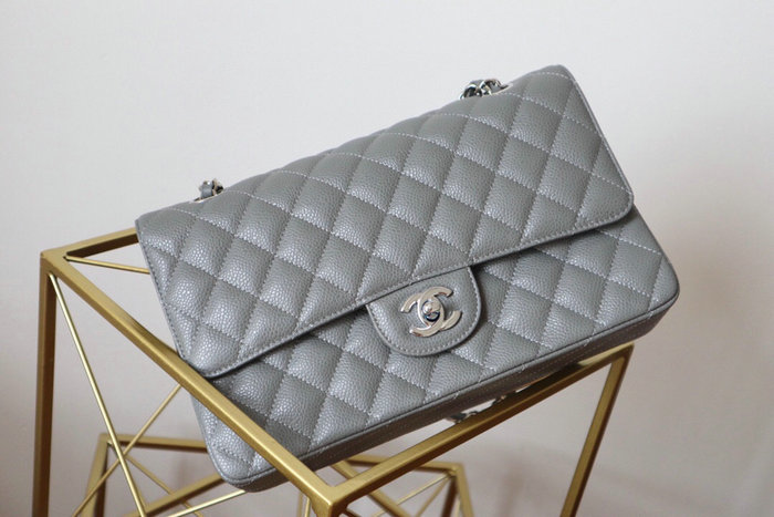 Classic Chanel Caviar Leather Flap Shoulder Bag Grey A1112