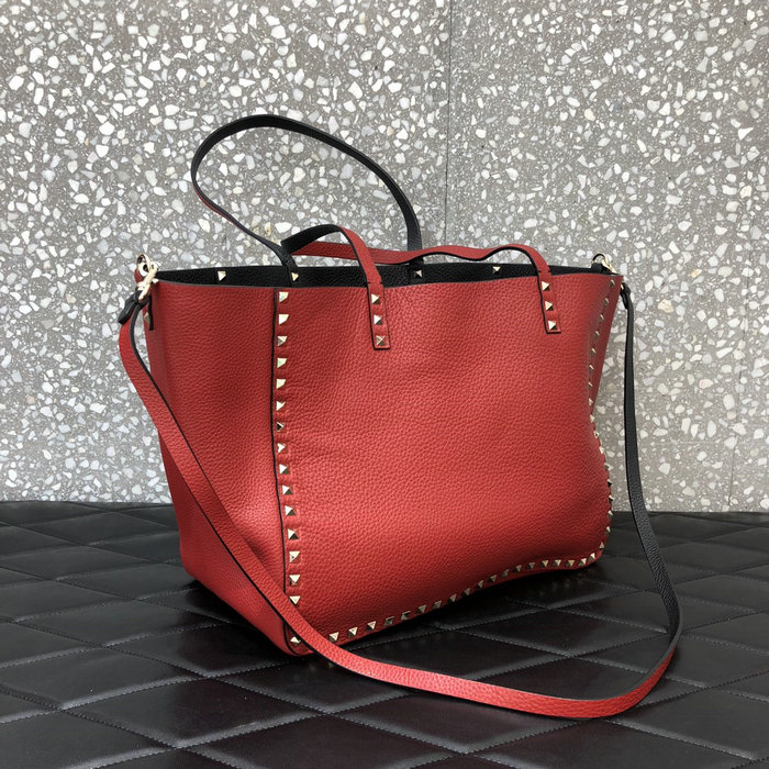 Valentino Rockstud Reversible Leather Tote Black and Red V0077