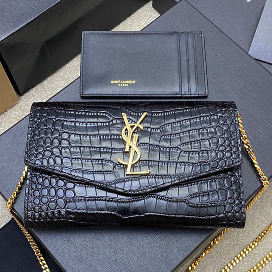 Saint Laurent Crocodile Uptown Chain Wallet 607788 Black with Gold