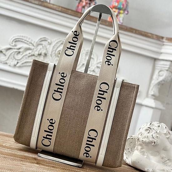 Chloe Woody tote bag in Linen Canvas White C7567