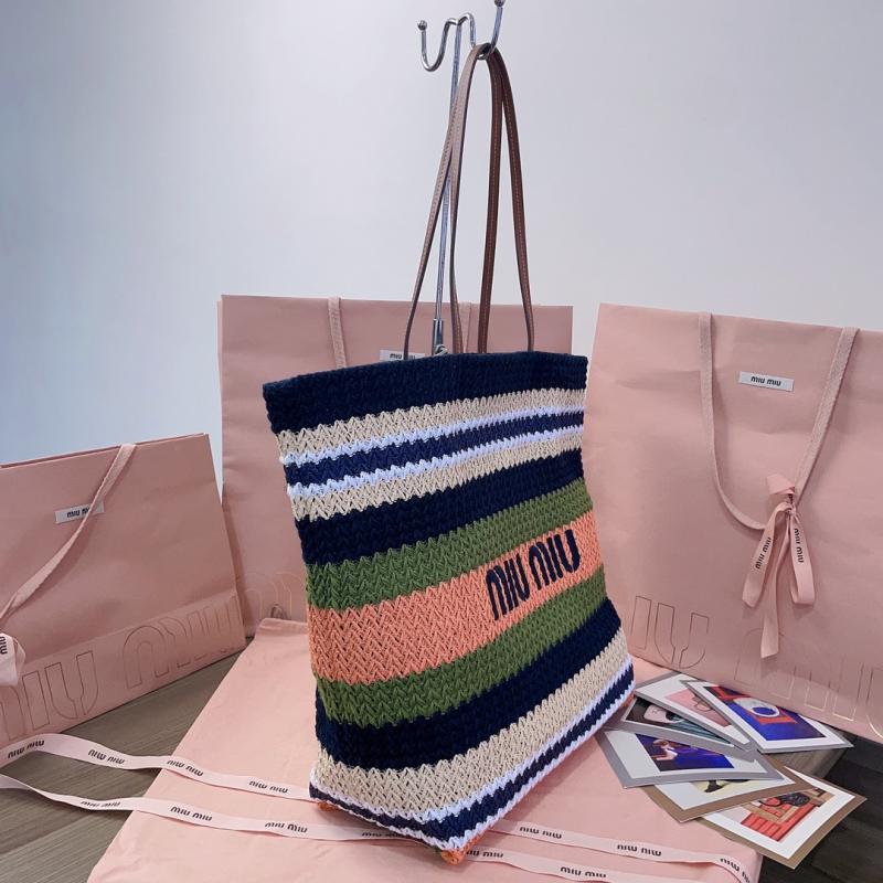 Miu Miu Raffia Crochet Tote Bag Navy Green 5BG228