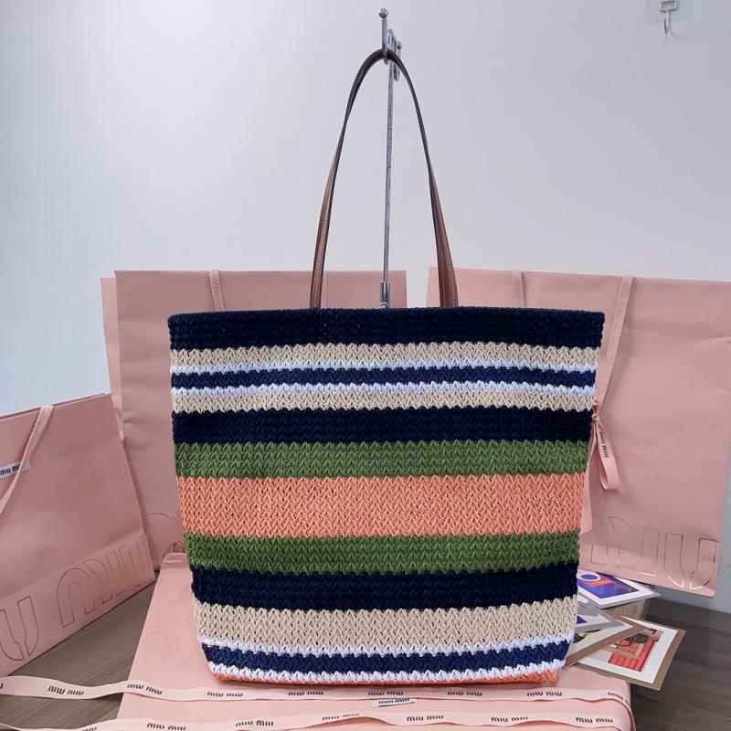 Miu Miu Raffia Crochet Tote Bag Navy Green 5BG228