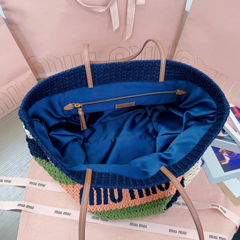 Miu Miu Raffia Crochet Tote Bag Navy Green 5BG228