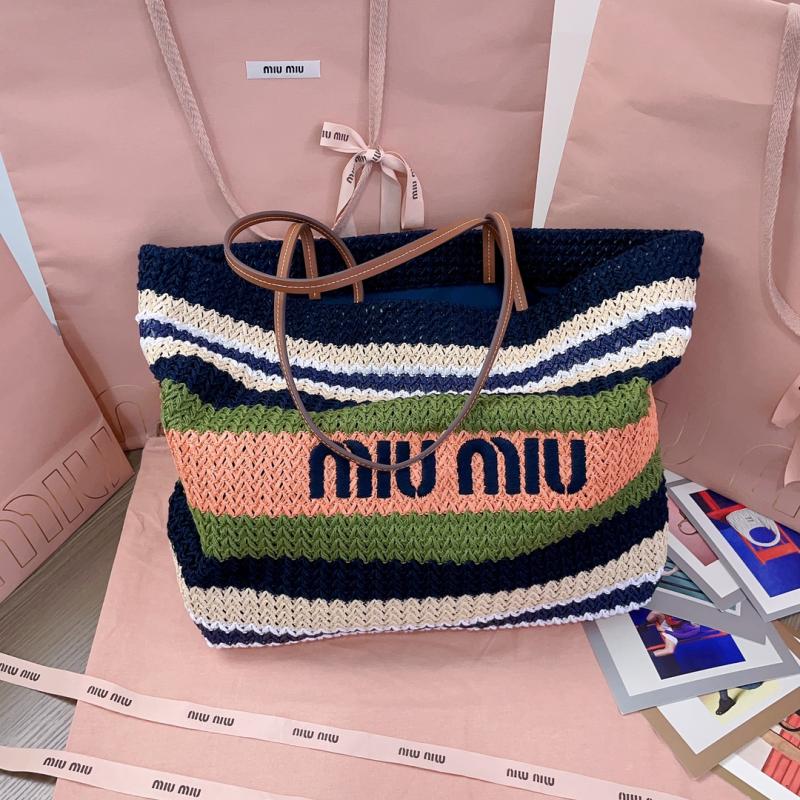 Miu Miu Raffia Crochet Tote Bag Navy Green 5BG228
