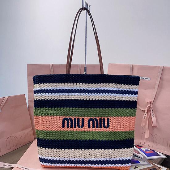 Miu Miu Raffia Crochet Tote Bag Navy Green 5BG228