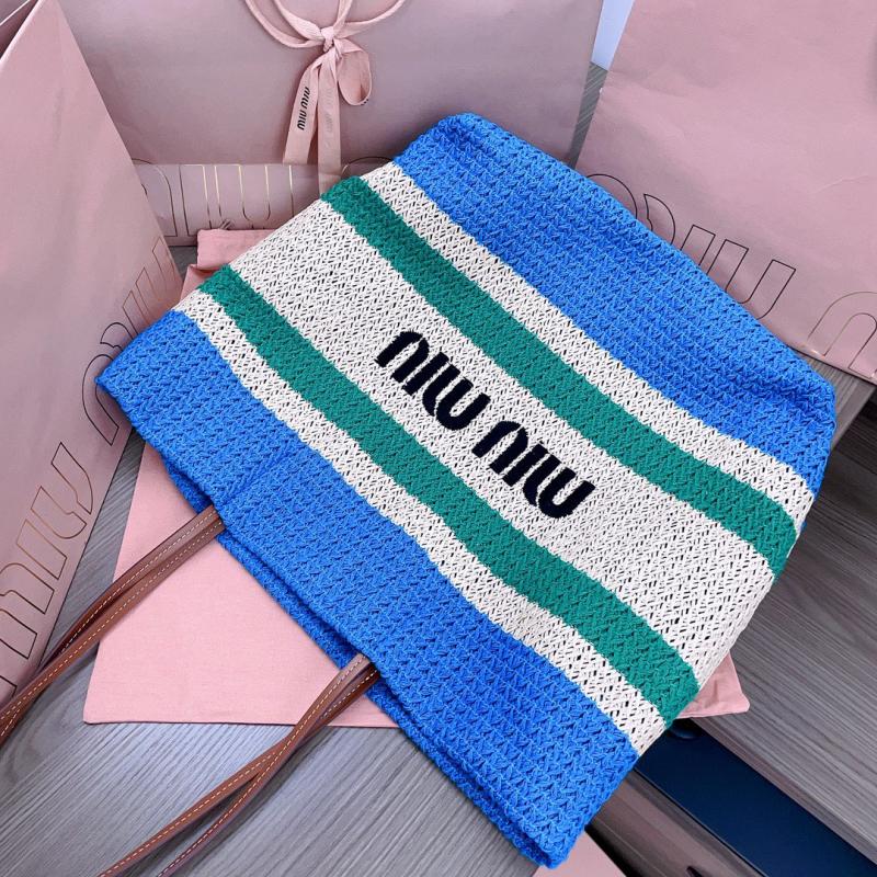 Miu Miu Raffia-effect woven tote bag Blue 5BG228