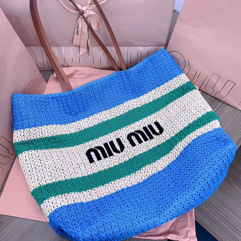 Miu Miu Raffia-effect woven tote bag Blue 5BG228