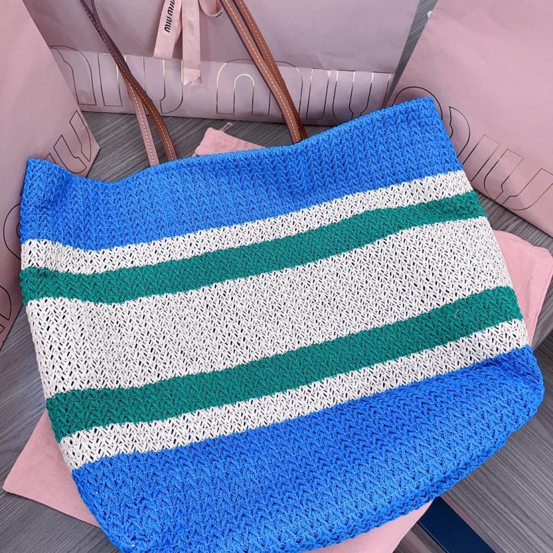 Miu Miu Raffia-effect woven tote bag Blue 5BG228