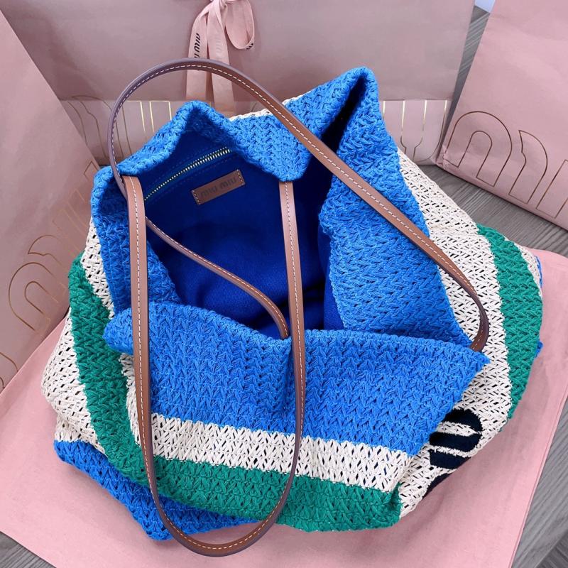 Miu Miu Raffia-effect woven tote bag Blue 5BG228