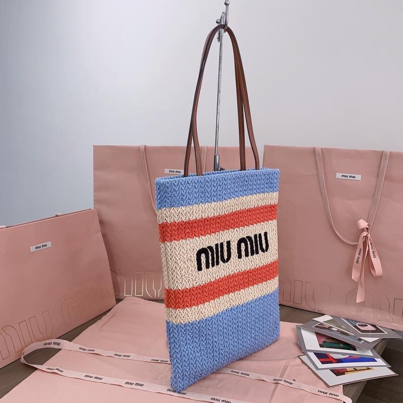 Miu Miu Raffia-effect woven tote bag Blue 5BG248