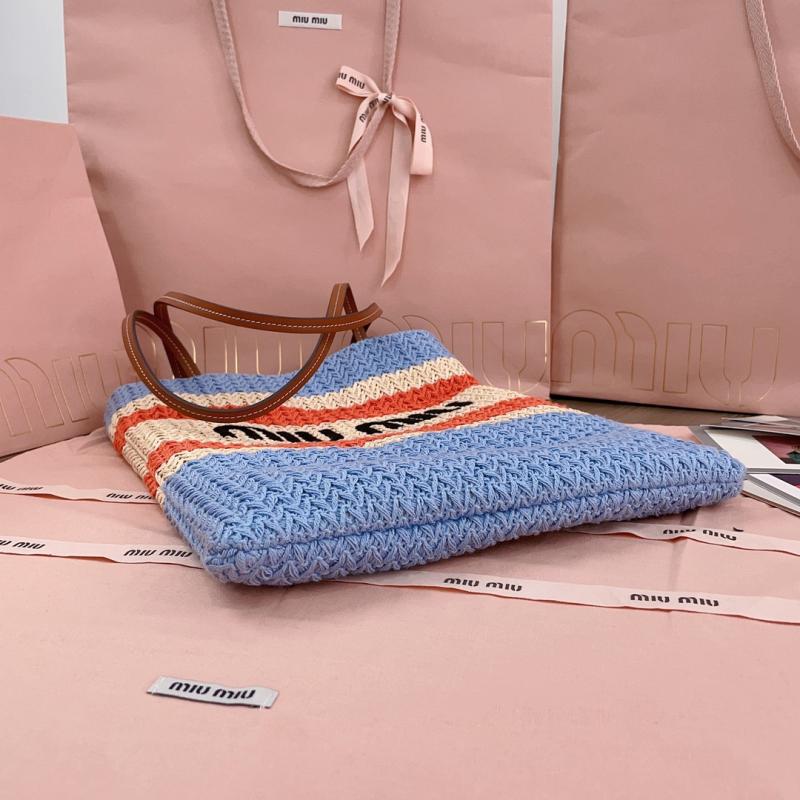 Miu Miu Raffia-effect woven tote bag Blue 5BG248