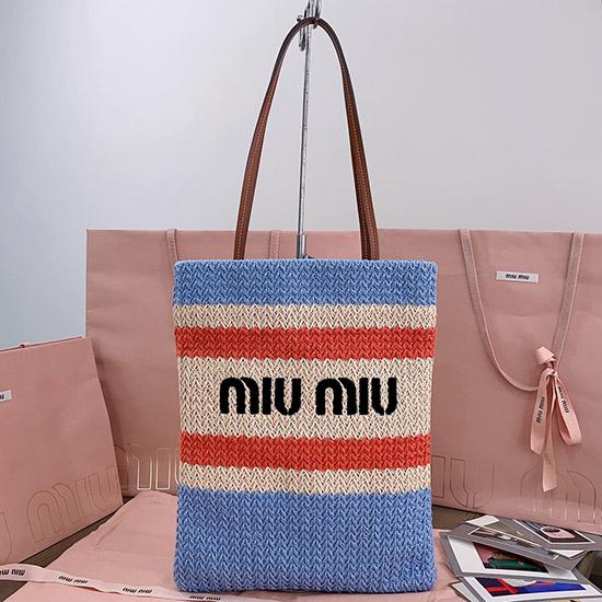 Miu Miu Raffia-effect woven tote bag Blue 5BG248