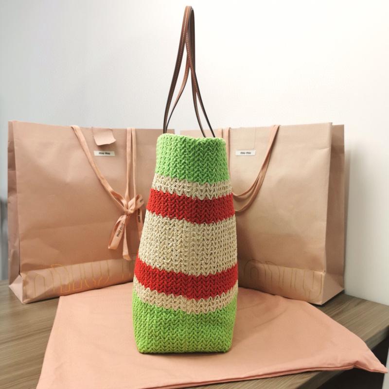 Miu Miu Raffia-effect woven tote bag Green Black 5BG228