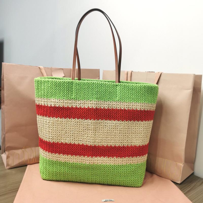 Miu Miu Raffia-effect woven tote bag Green Black 5BG228