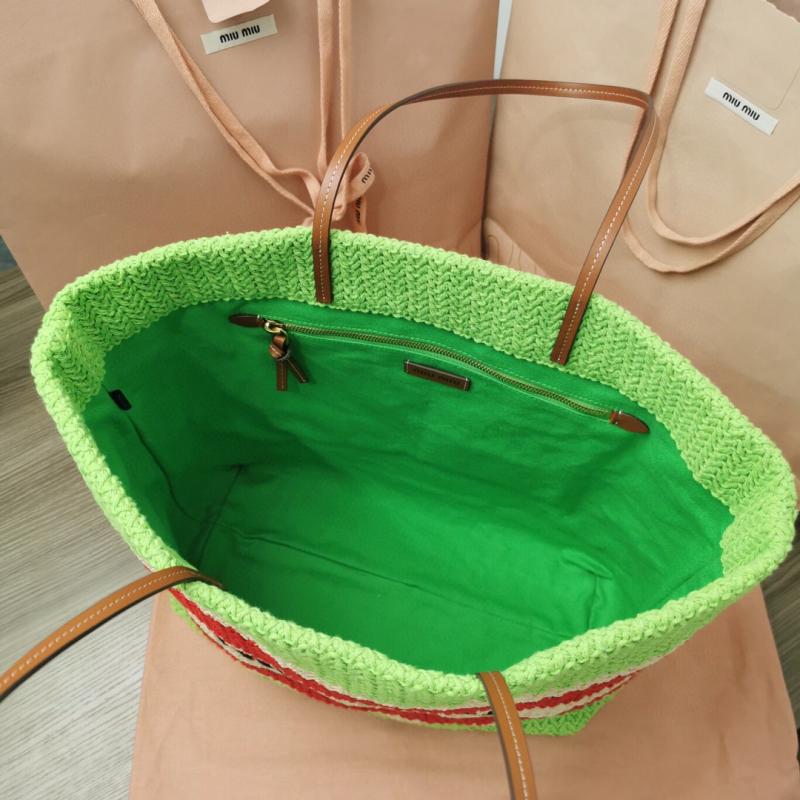 Miu Miu Raffia-effect woven tote bag Green Black 5BG228