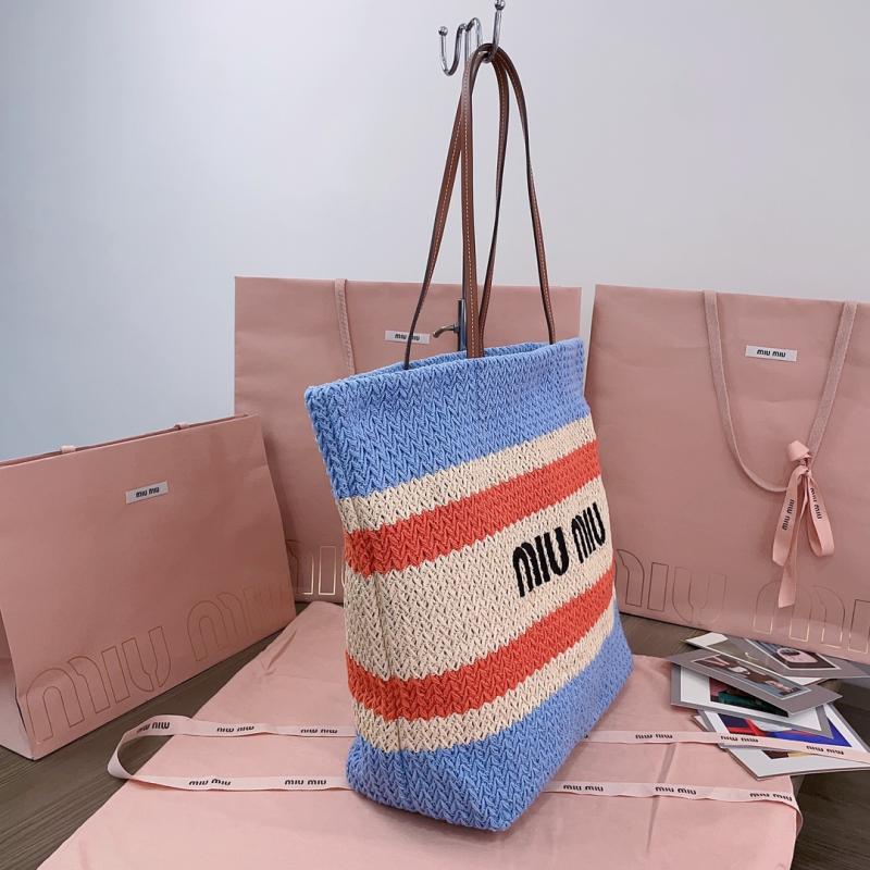 Miu Miu Raffia-effect woven tote bag Light Blue 5BG228