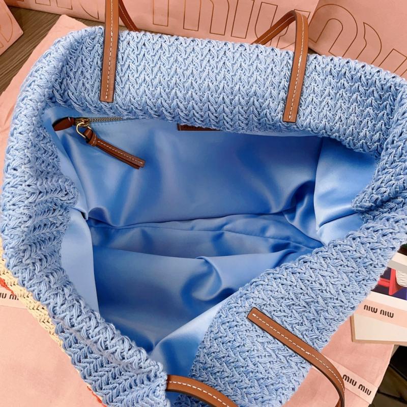 Miu Miu Raffia-effect woven tote bag Light Blue 5BG228