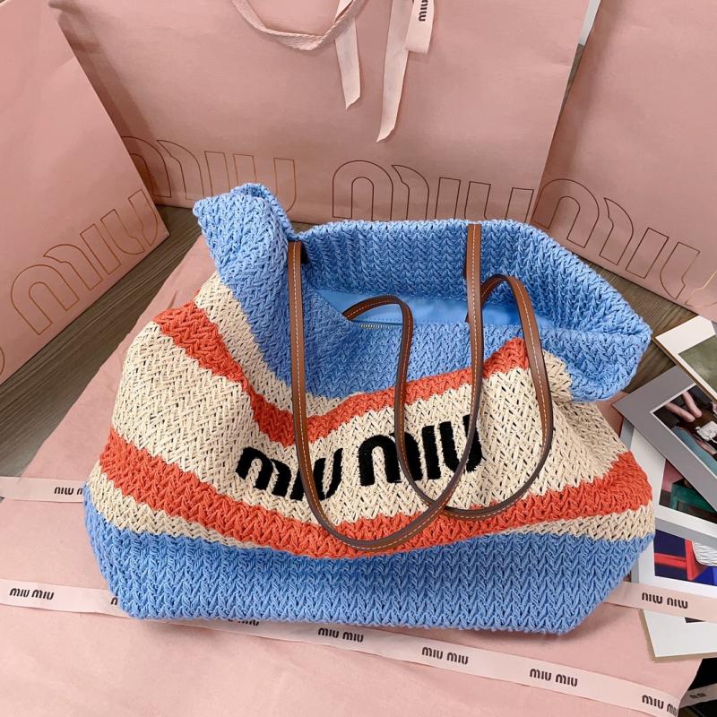 Miu Miu Raffia-effect woven tote bag Light Blue 5BG228
