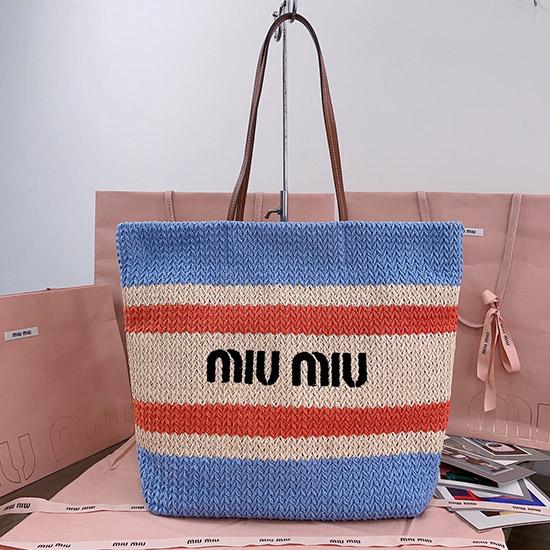 Miu Miu Raffia-effect woven tote bag Light Blue 5BG228