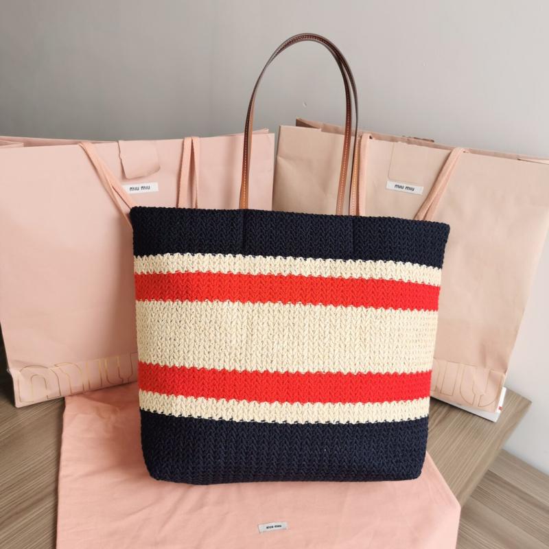 Miu Miu Raffia-effect woven tote bag Navy 5BG228