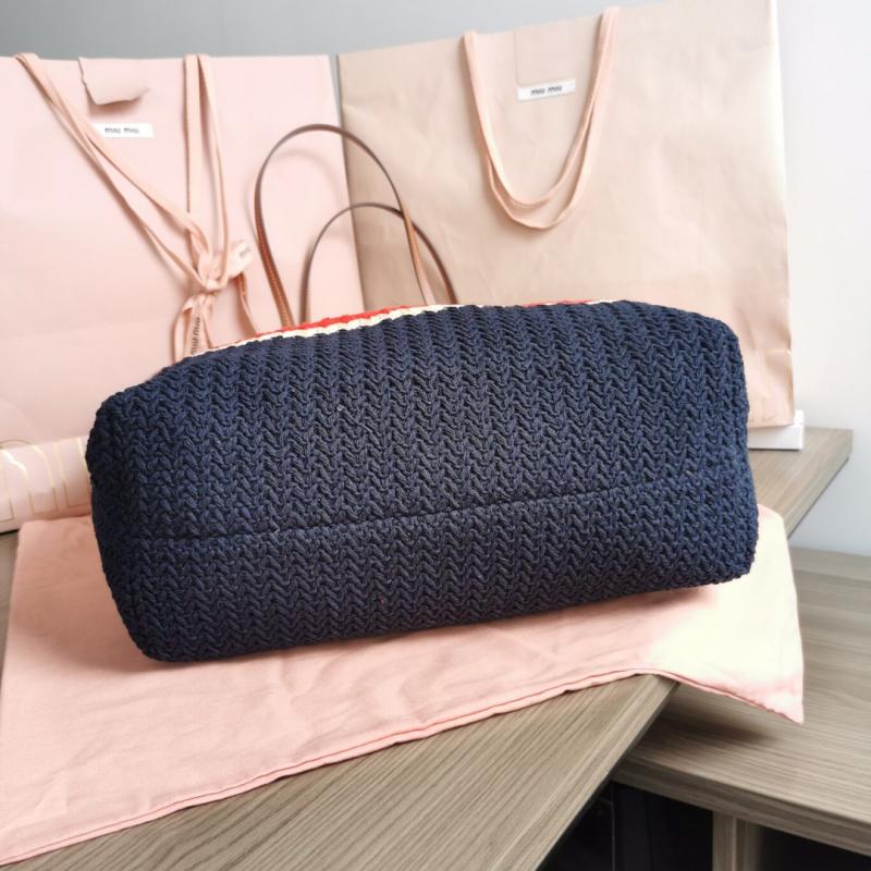 Miu Miu Raffia-effect woven tote bag Navy 5BG228