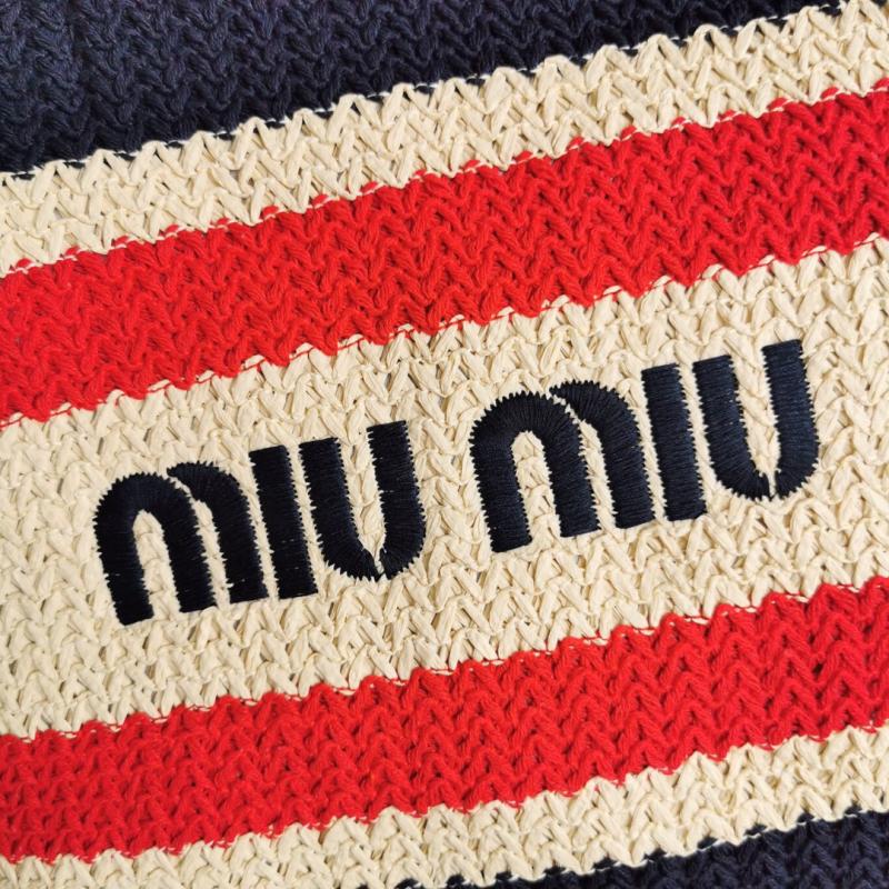 Miu Miu Raffia-effect woven tote bag Navy 5BG228