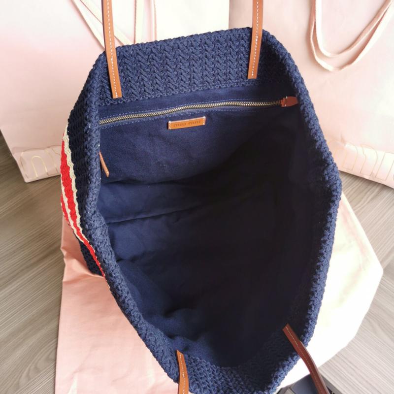 Miu Miu Raffia-effect woven tote bag Navy 5BG228