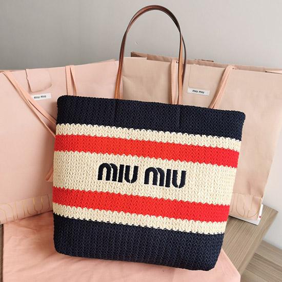Miu Miu Raffia-effect woven tote bag Navy 5BG228