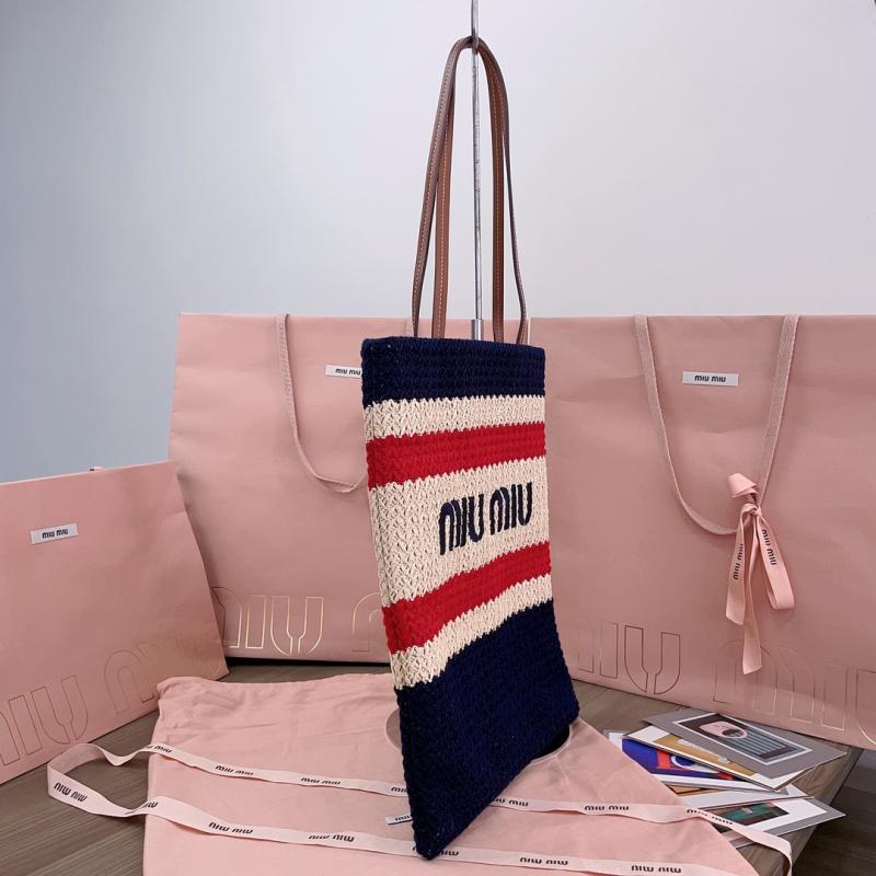 Miu Miu Raffia-effect woven tote bag Navy 5BG248