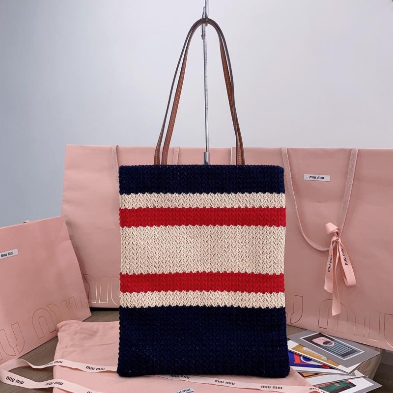 Miu Miu Raffia-effect woven tote bag Navy 5BG248