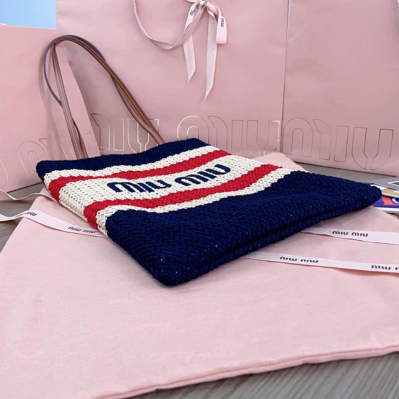 Miu Miu Raffia-effect woven tote bag Navy 5BG248