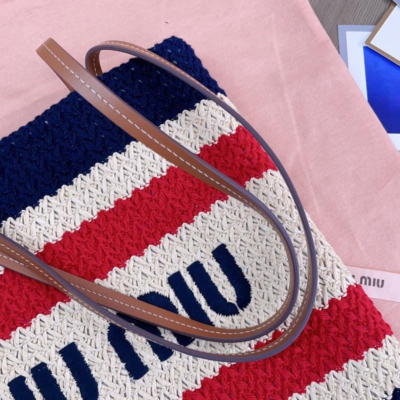 Miu Miu Raffia-effect woven tote bag Navy 5BG248