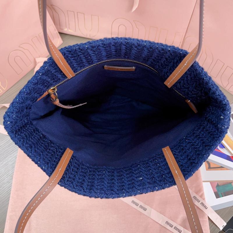 Miu Miu Raffia-effect woven tote bag Navy 5BG248