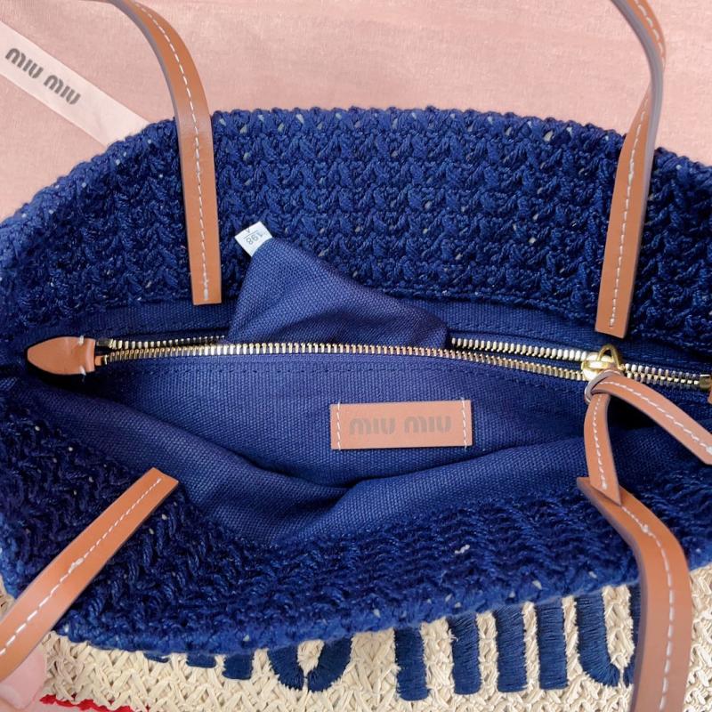 Miu Miu Raffia-effect woven tote bag Navy 5BG248