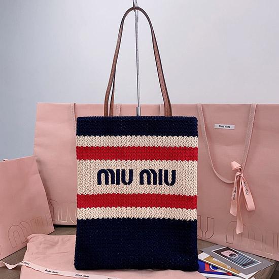 Miu Miu Raffia-effect woven tote bag Navy 5BG248