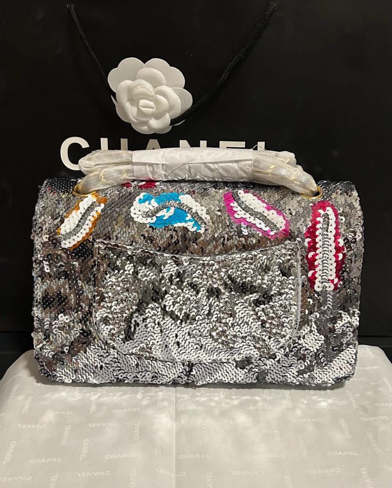 Medium Chanel Sequins Shoulder Bag Silver A01112
