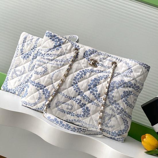 Chanel Printed Denim Shopping Bag Blue AS5429