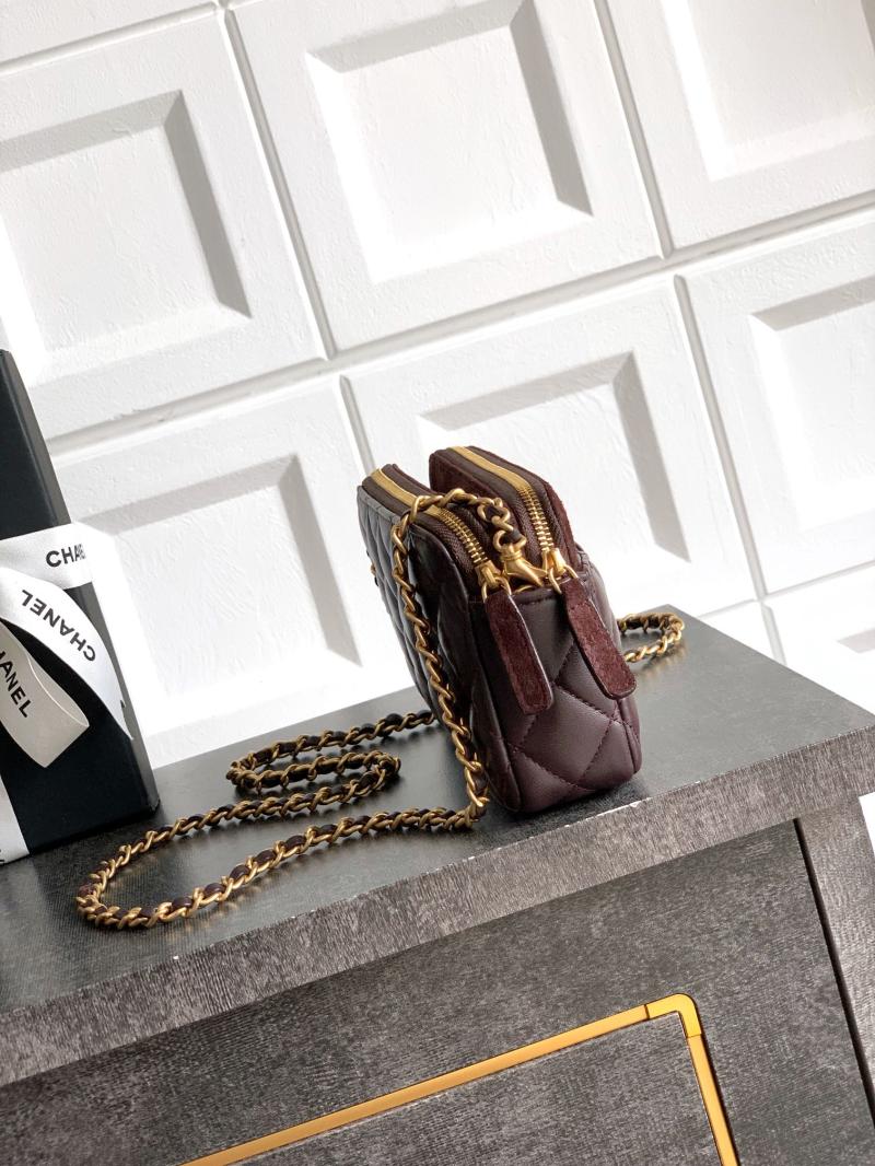 Chanel Zipped Phone Holder with Chain Dark Brown AP4743
