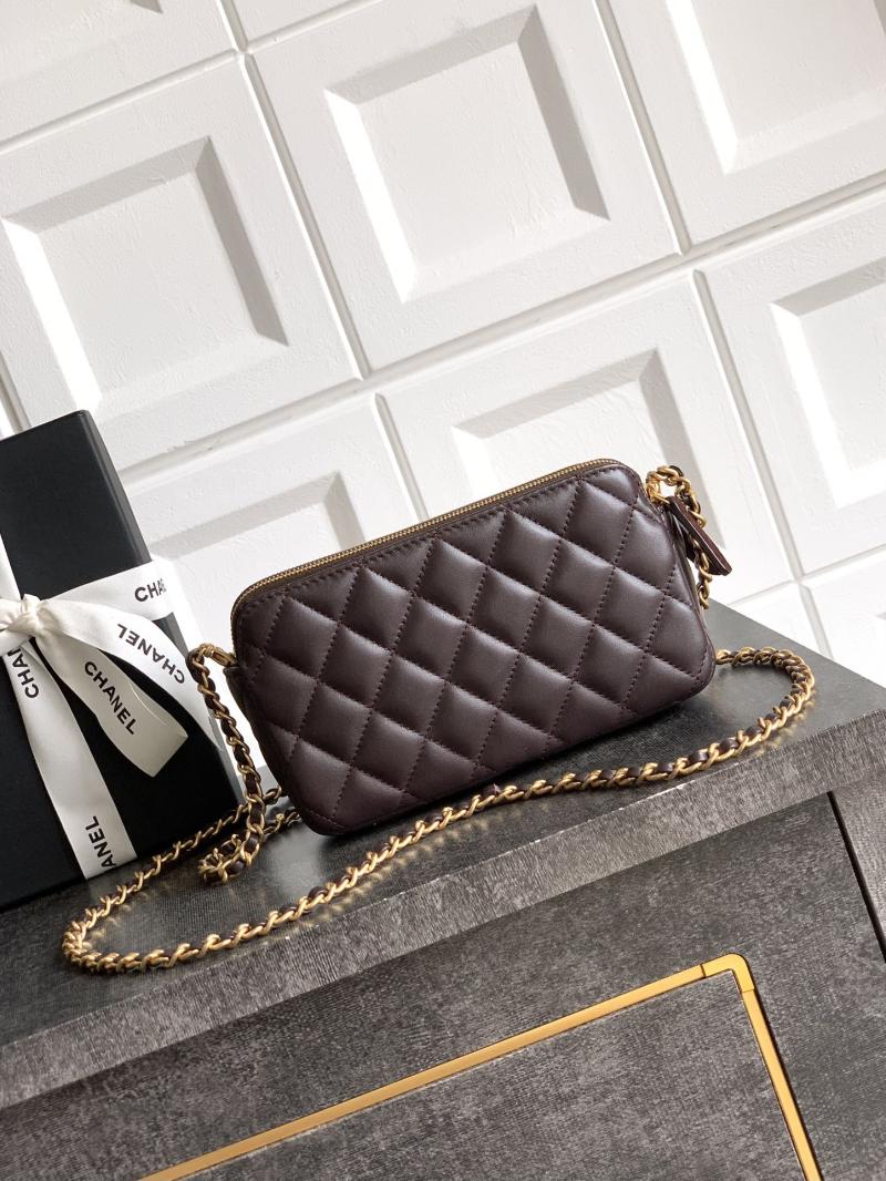 Chanel Zipped Phone Holder with Chain Dark Brown AP4743