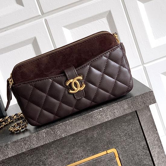 Chanel Zipped Phone Holder with Chain Dark Brown AP4743