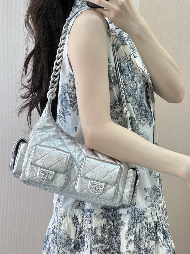 Chanel Lambskin Hobo Bag Silver AS5339