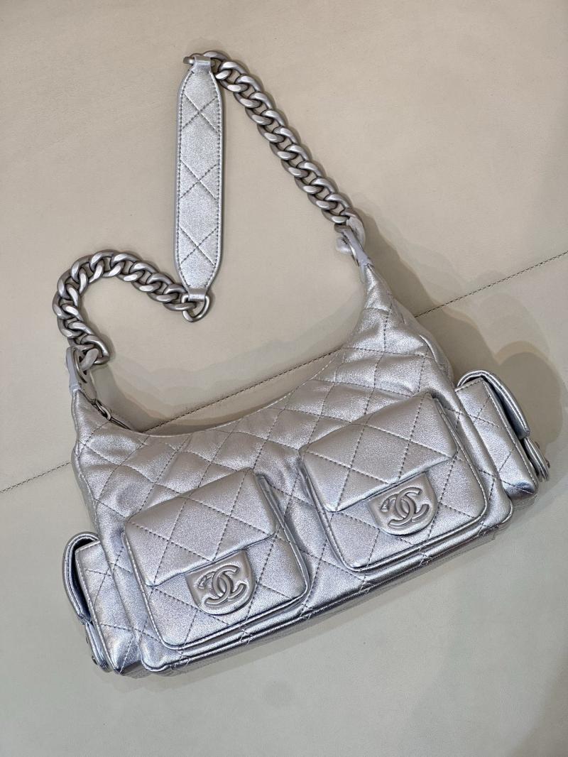 Chanel Lambskin Hobo Bag Silver AS5339