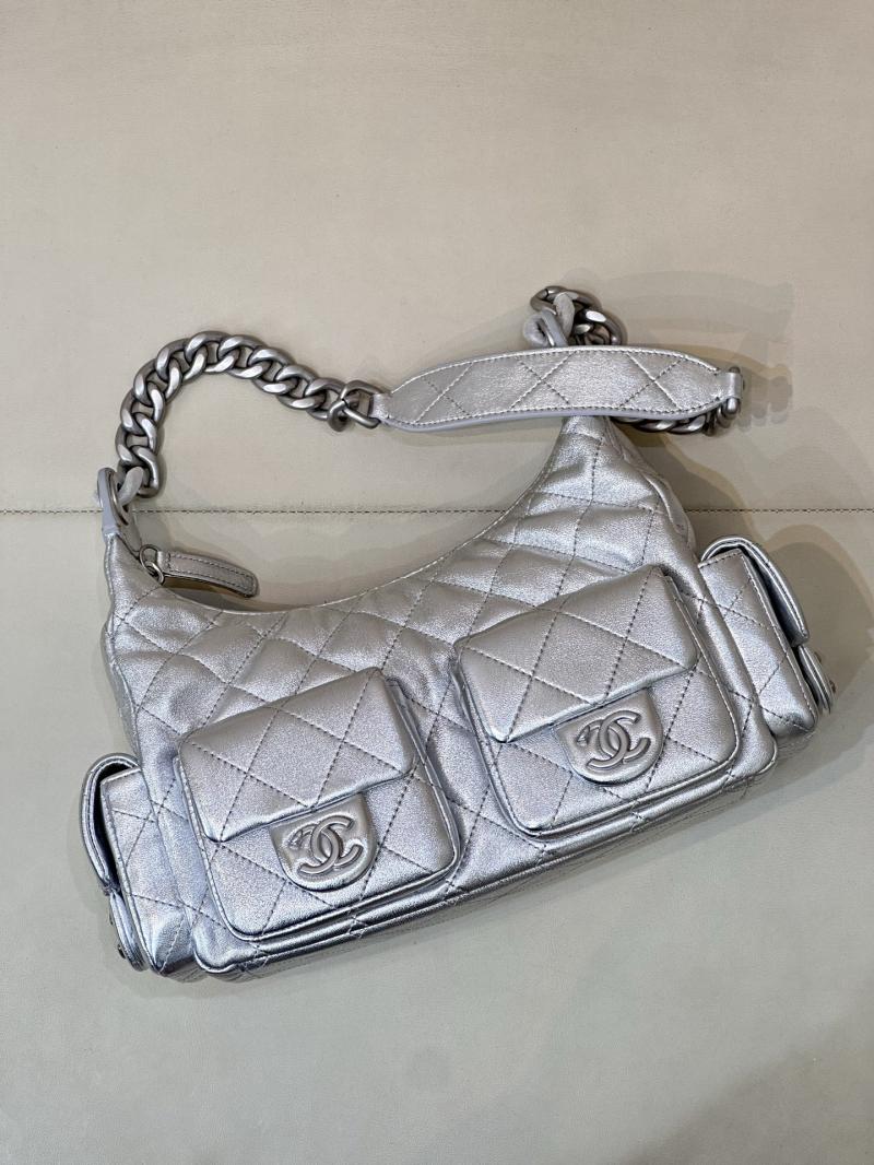 Chanel Lambskin Hobo Bag Silver AS5339