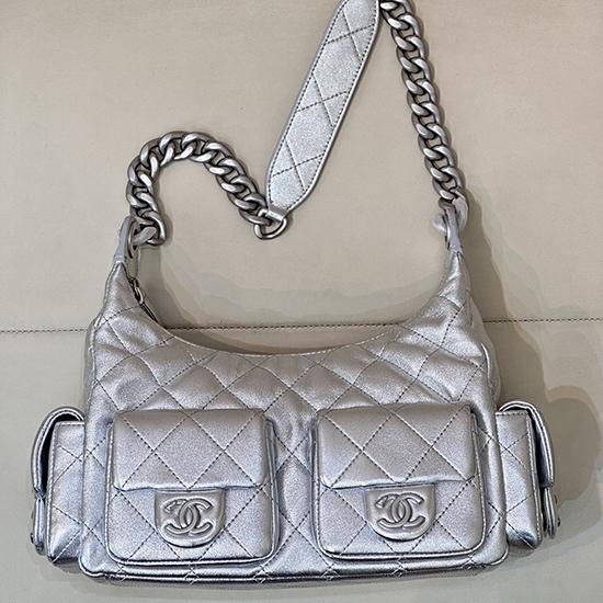 Chanel Lambskin Hobo Bag Silver AS5339