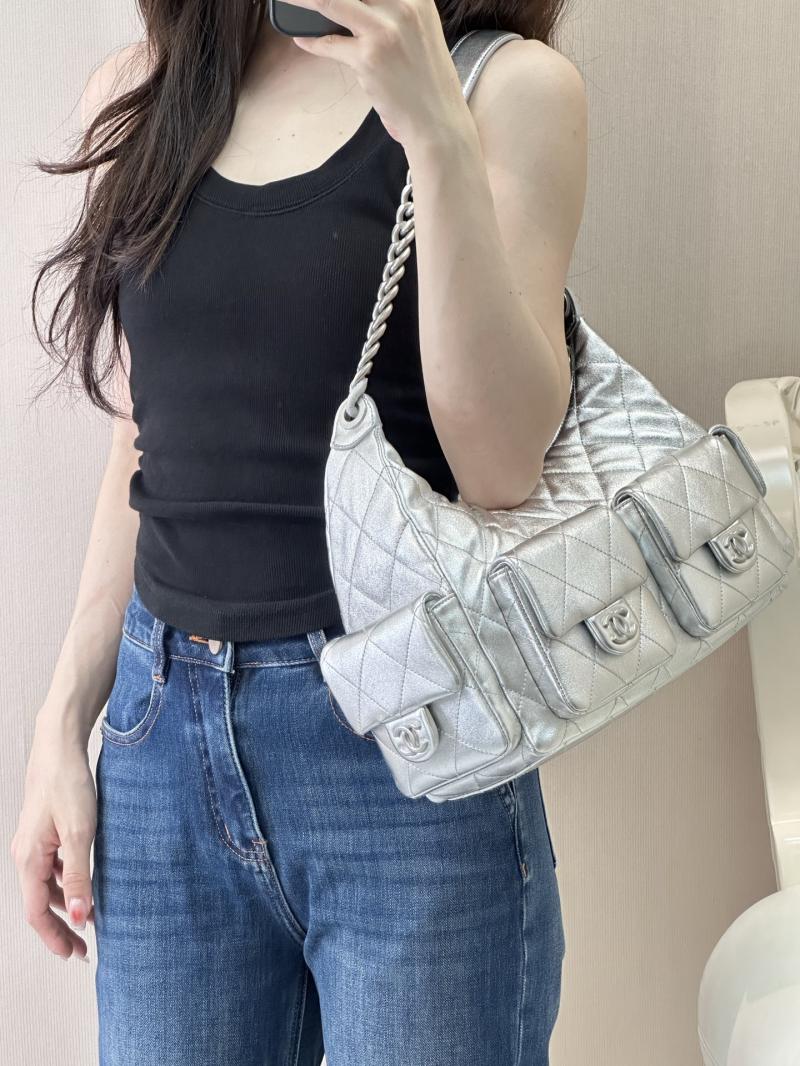 Chanel Lambskin Large Hobo Bag Silver AS5302