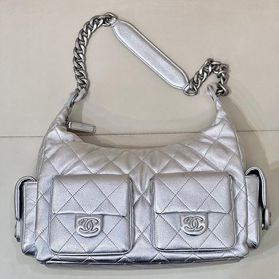 Chanel Lambskin Large Hobo Bag Silver AS5302