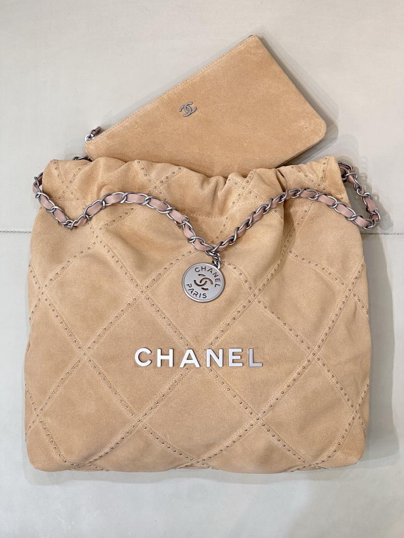 Small Chanel Suede 22 Handbag Beige AS3260