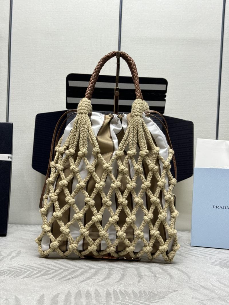 Prada Medium Cotton Macrame Bag Brown White 1BC111