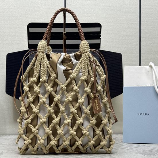 Prada Medium Cotton Macrame Bag Brown White 1BC111