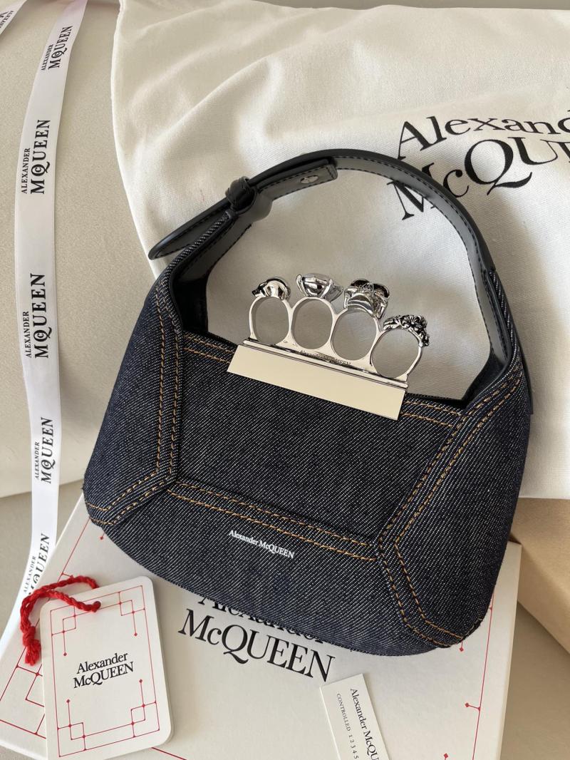 Alexander McQueen Denim Jewelled Mini Hobo Bag Black A731136